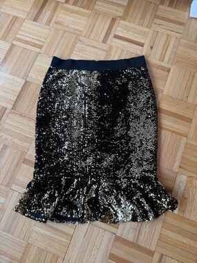 Thalia Black and Gold Sequin Flounce Pencil Skirt